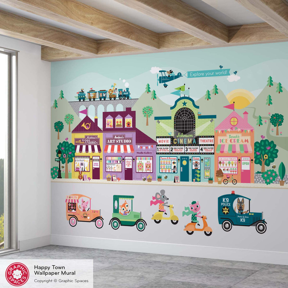 Happy Town Village Playroom Wallpaper Mural - 4 Buildings