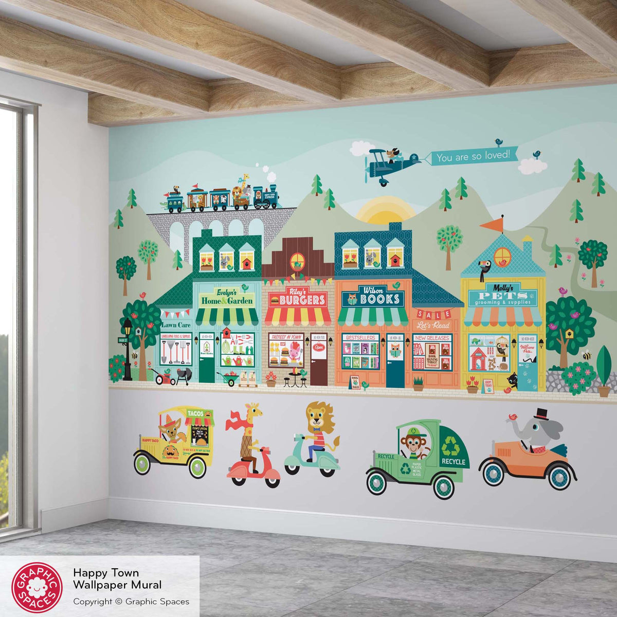 Happy Town Village Playroom Wallpaper Mural - 4 Buildings