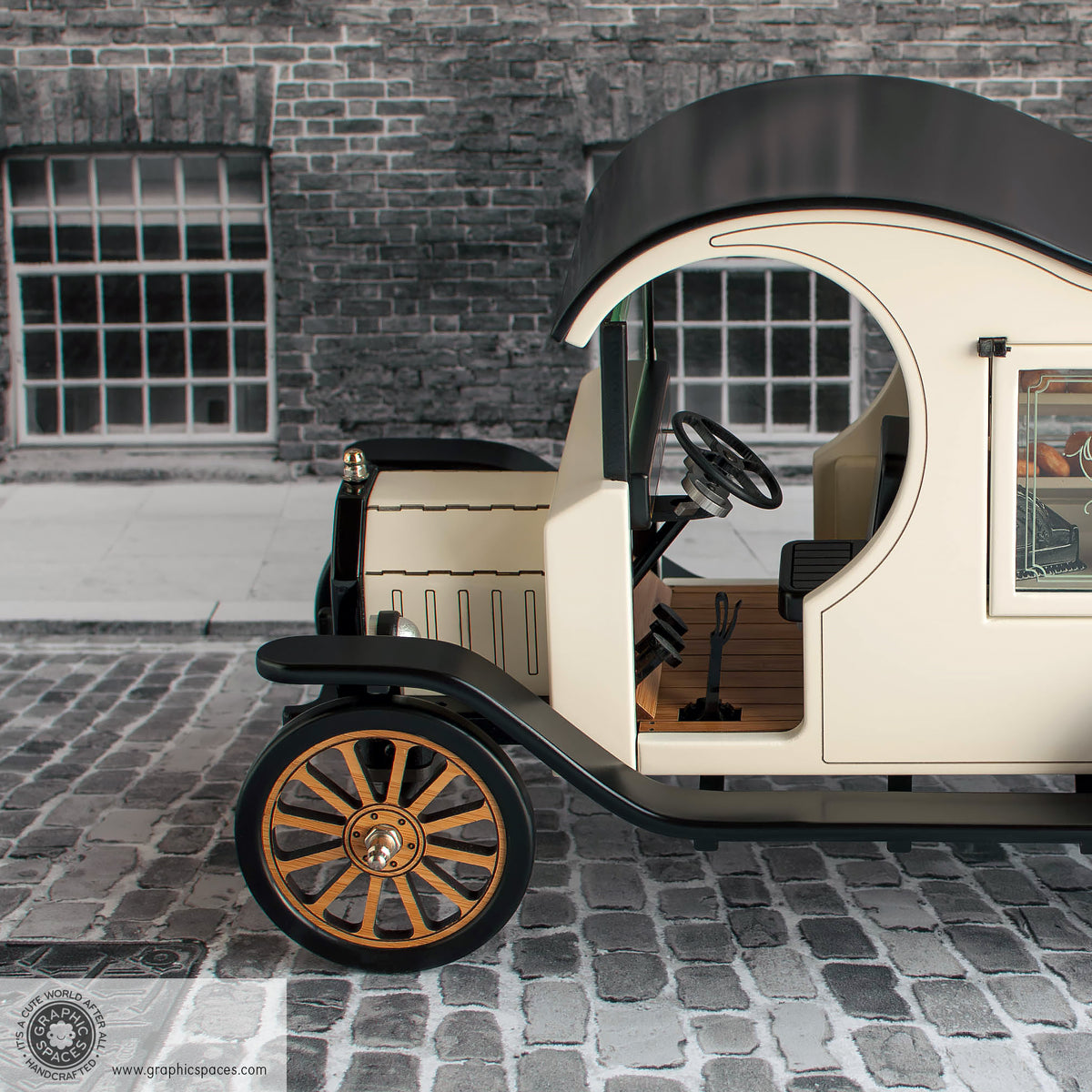 1:12 Scale Room Box White Bakery Shop Truck Model T C Cab. Front side view showing floor, steering wheel, seat and pedals.