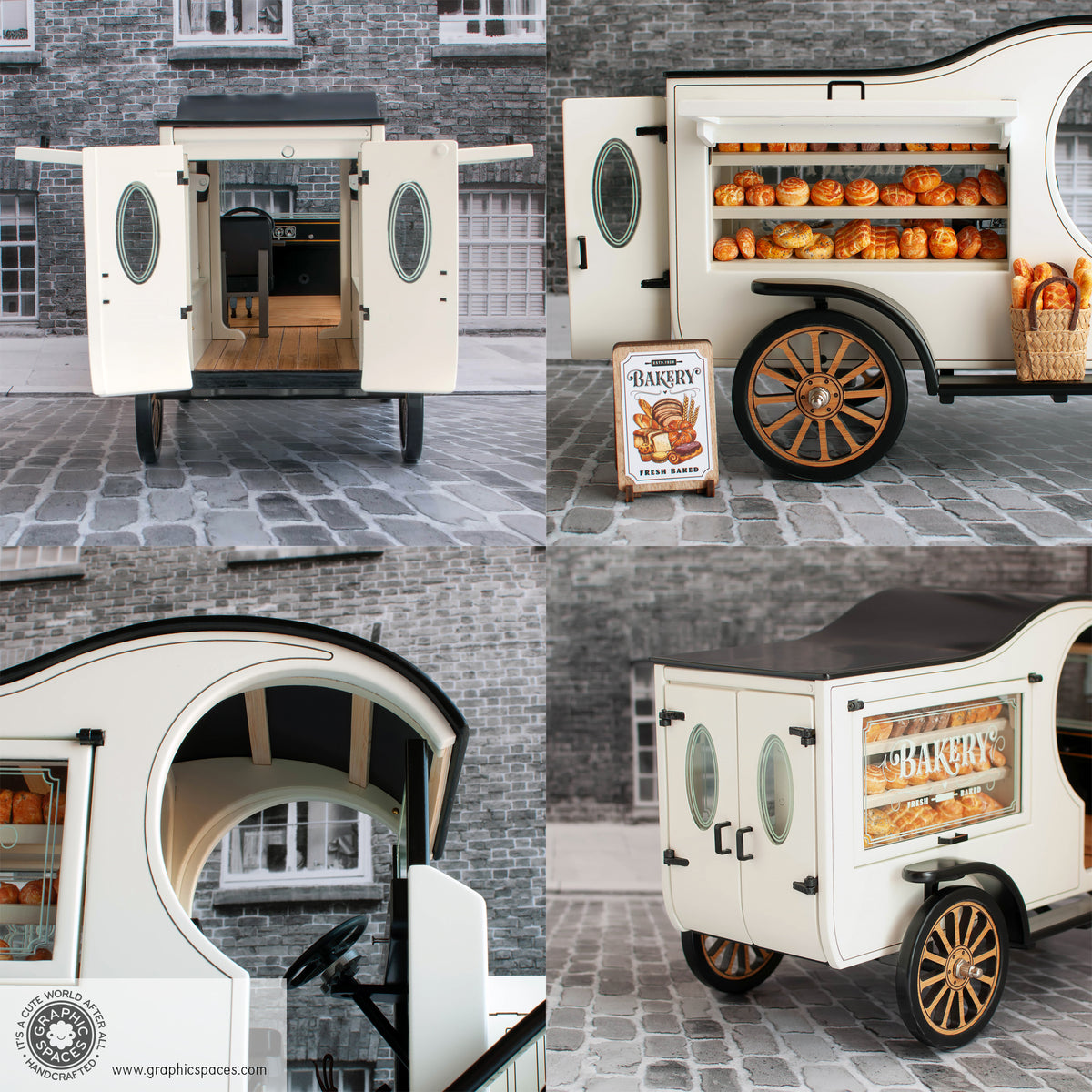 1:12 Scale Room Box White Bakery Shop Truck Model T C Cab. Various details of rear doors, side display and interior roof.