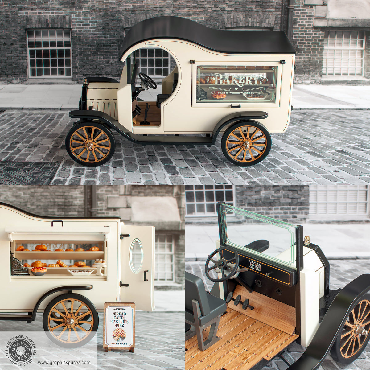 1:12 Scale Room Box White Bakery Shop Truck Model T C Cab. Detailed view of dash, floor, steering wheel, seat. No chassis.