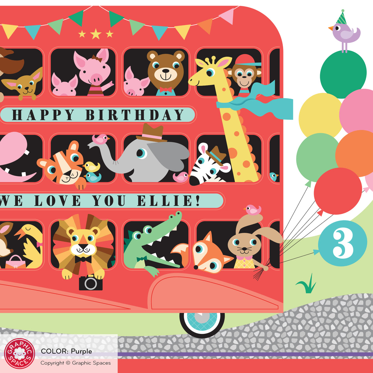 Animal Zoo London Bus Birthday Party Banner - PURPLE