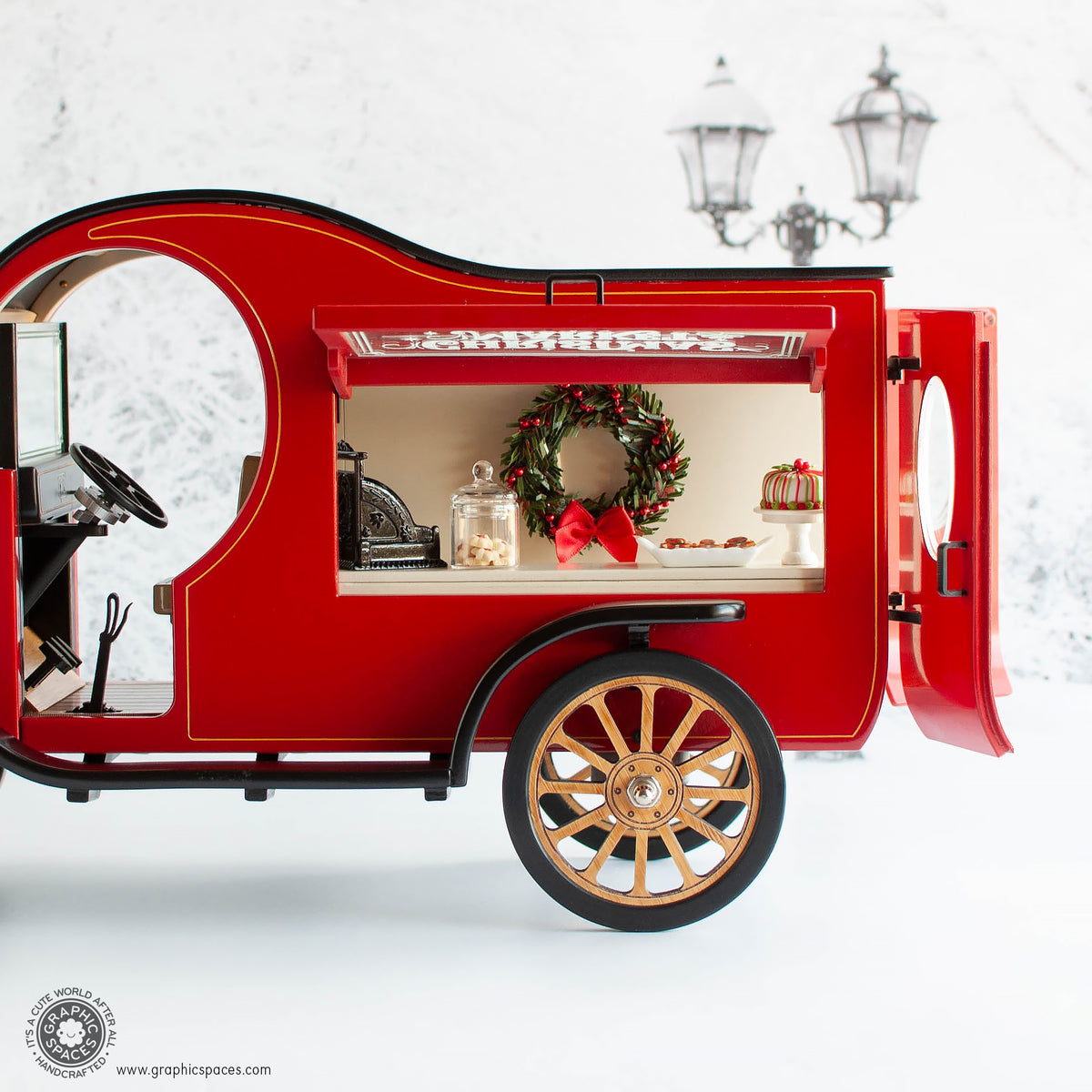 1:12 Scale Room Box Red Christmas Market Truck Model T C Cab. Driver side Counter detail view. Window and rear doors open.