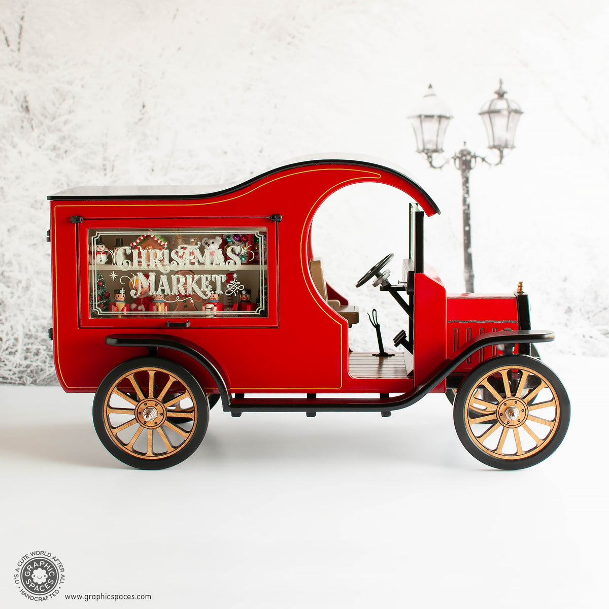 1:12 Scale Room Box Red Christmas Market Truck Model T C Cab. Full Passenger side view. Display window closed.