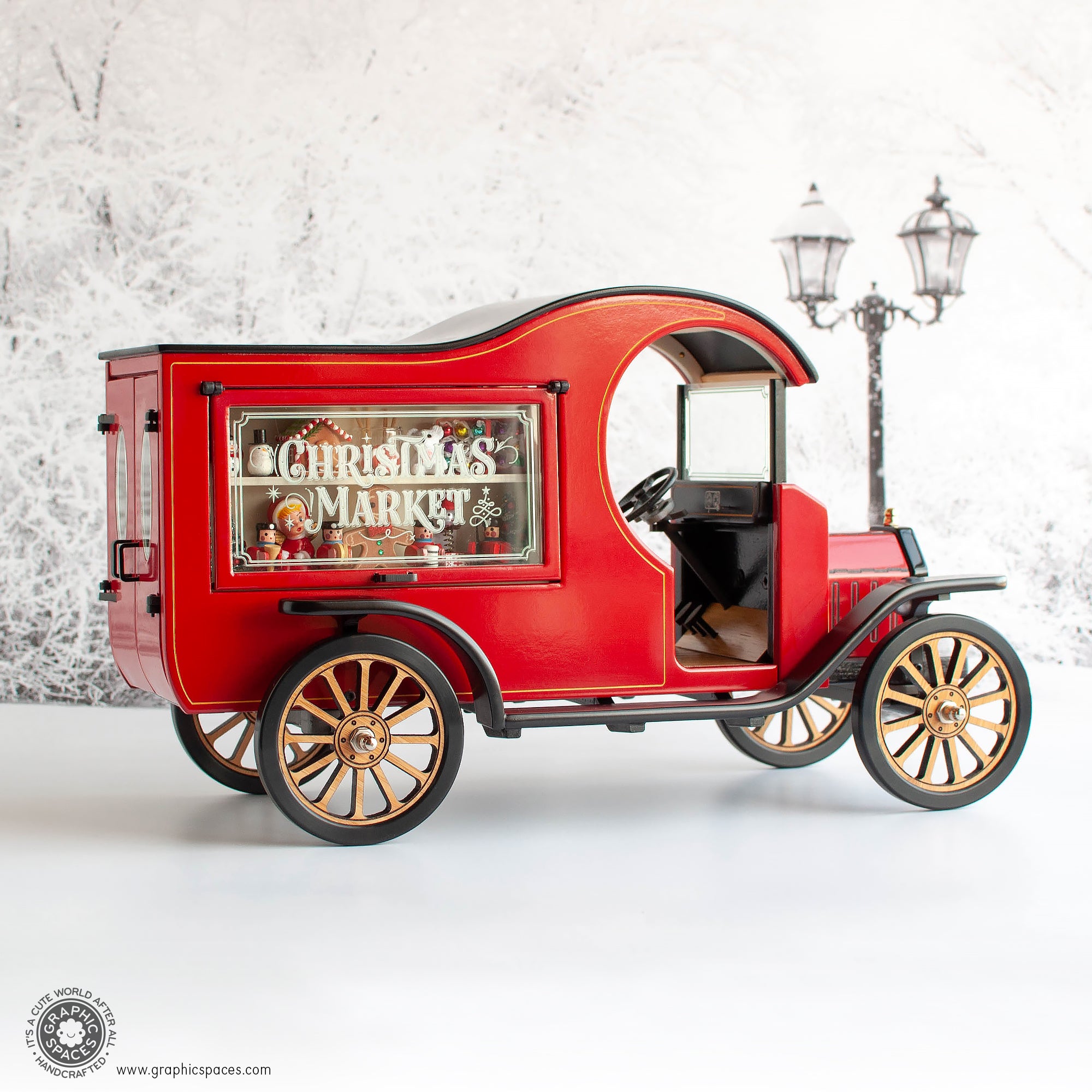 1:12 Scale Room Box Red Christmas Market Truck Model T C Cab. Passenger full side view. Closed display window.