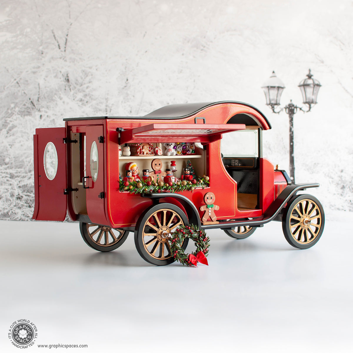 1:12 Scale Room Box Red Christmas Market Truck Model T C Cab. Passenger side view. Open window displaying Christmas wares.