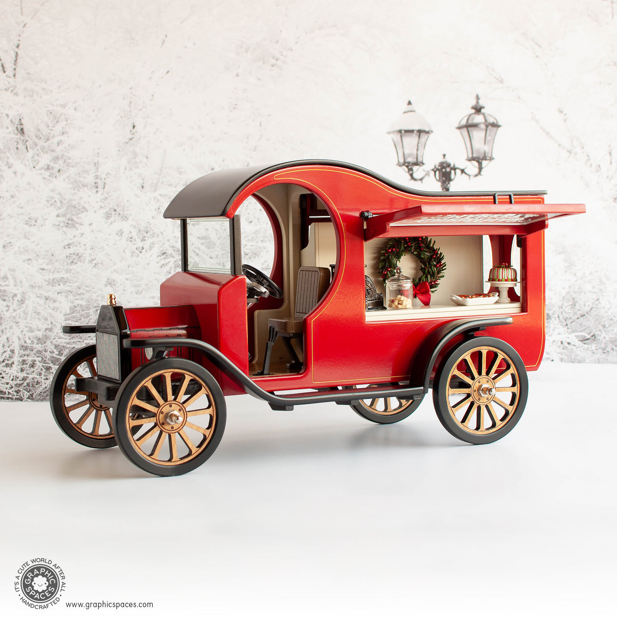 1 :12 Scale Room Box Red Christmas Market Truck Model T C cab. Driver side Counter view. Window open. Front cab detailed.