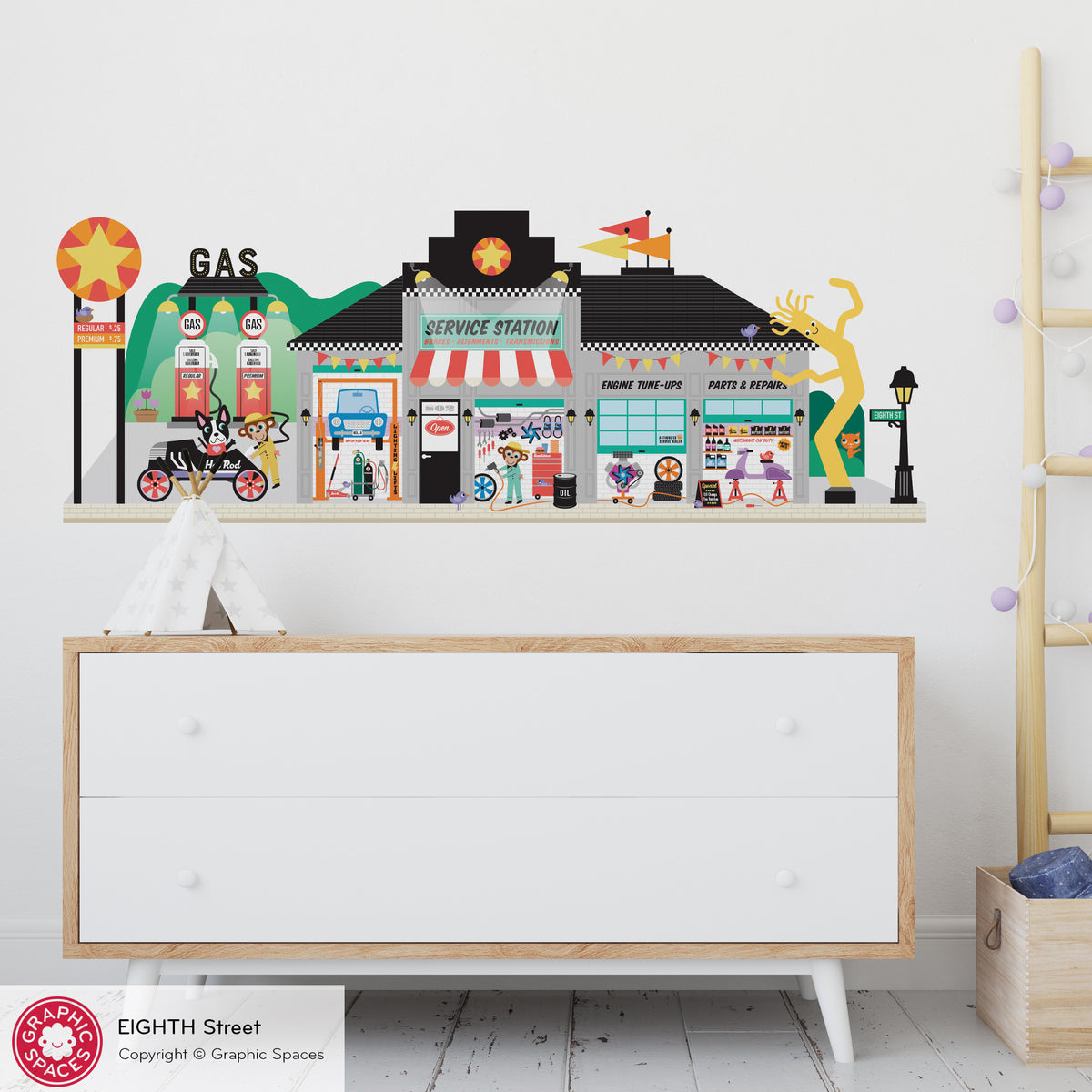 Happy Town Fabric Wall Decals - Eighth St (Gas &amp; Car Service Station)