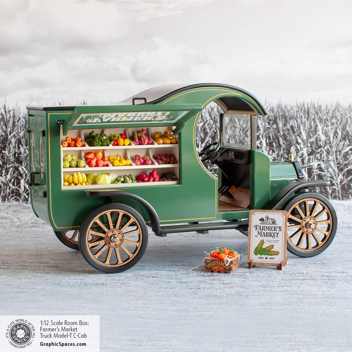 1:12 Scale Room Box Green Farmer&#39;s Market Truck Model T C Cab. Side view, window open displaying fruits and vegetables.