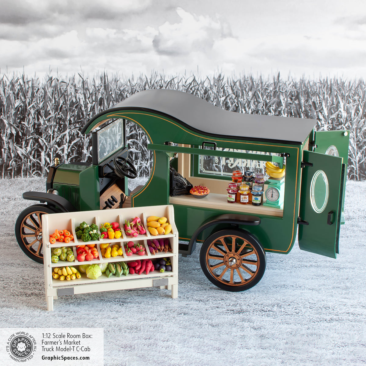 1:12 Scale Room Box Green Farmer&#39;s Market Truck Model T C-Cab. Driver side Counter view with uninstalled shelf display. 