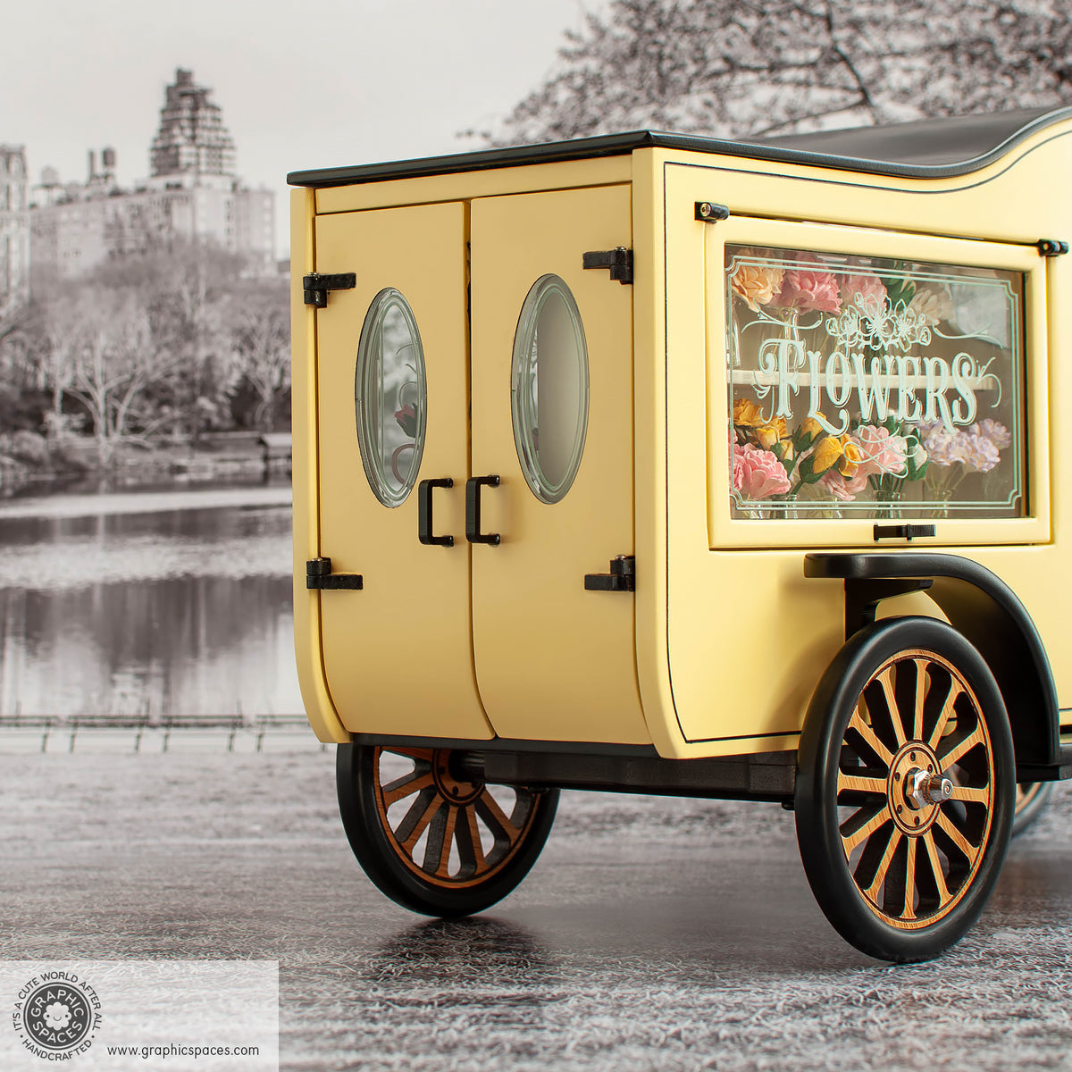 1:12 Scale Room Box Yellow Flower Shop Truck Model T C Cab. Detailed rear view with doors and display window closed.