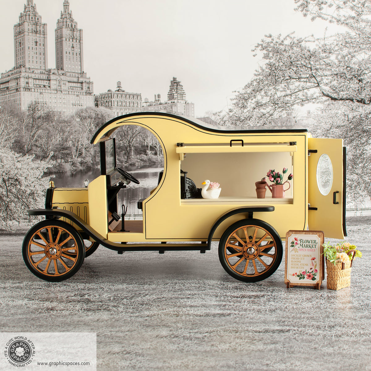 1:12 Scale Room Box Yellow Flower Shop Truck Model-T C-Cab. Full Driver side Counter view. Rear doors open.