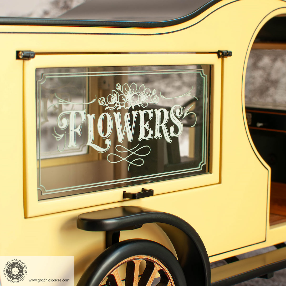 1:12 Scale Room Box Yellow Flower Shop Truck Model T C Cab. Passenger side display window detail.