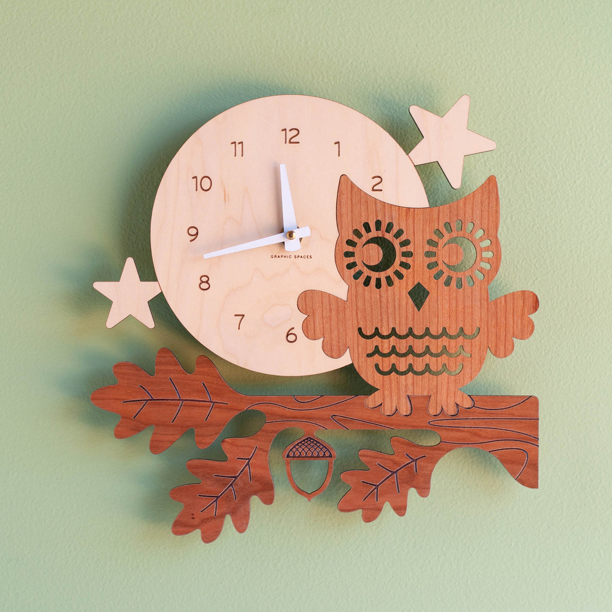 Wooden Night Owl Nursery Wall Clock, White Hands.