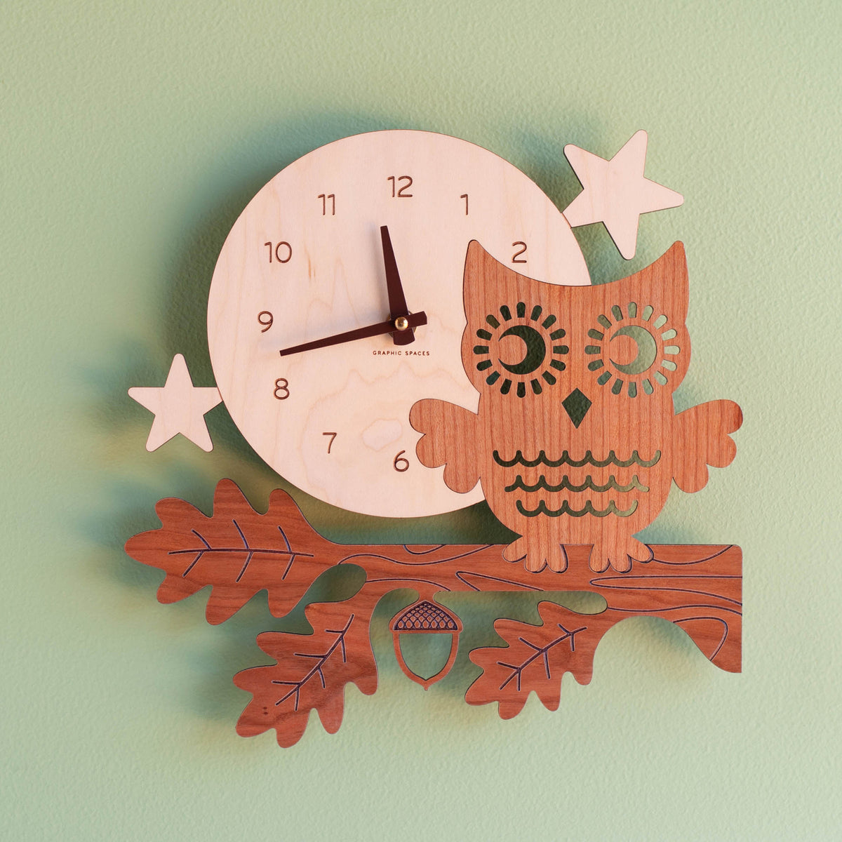 Wooden Night Owl Nursery Wall Clock, Chocolate Hands.