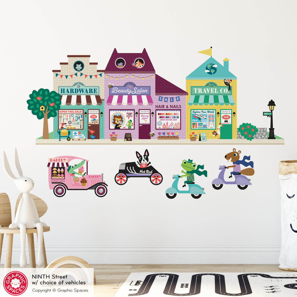 Happy Town Fabric Wall Decals - Ninth Street (Hardware Store, Beauty Salon, Travel Co)