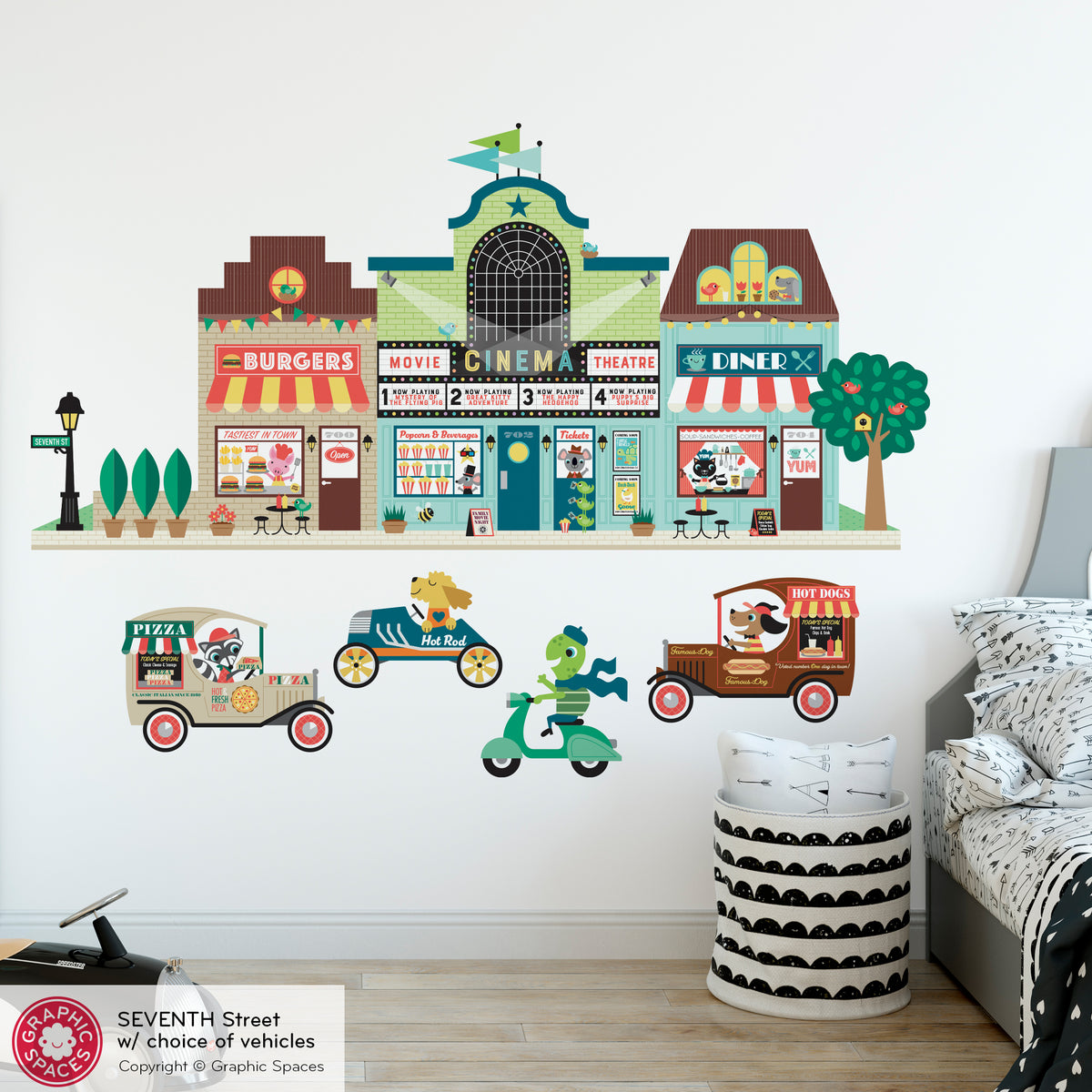Happy Town Fabric Wall Decals - Seventh St (Burgers, Movie Theatre, Diner)