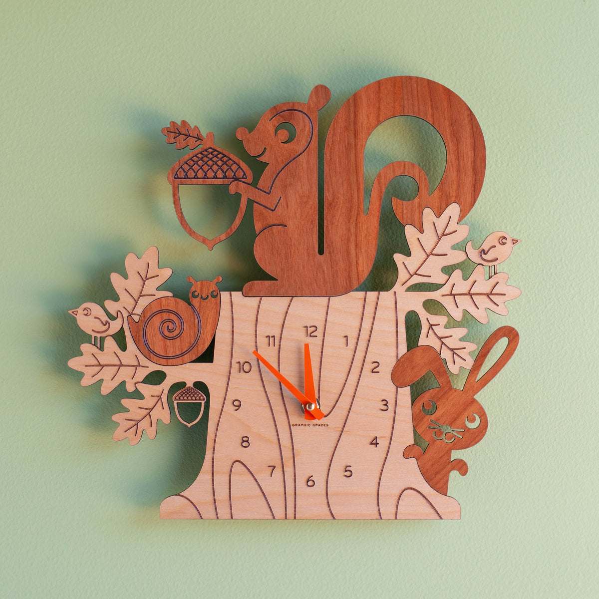 Wooden Squirrel Nursery Wall Clock, Pumpkin Hands.