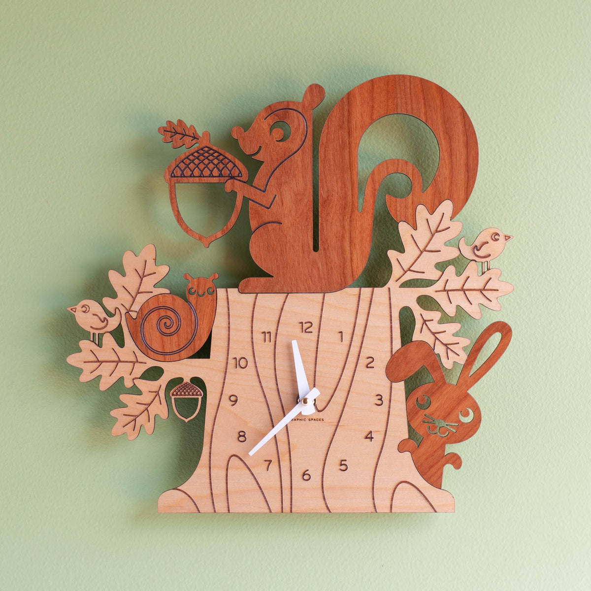 Wooden Squirrel Nursery Wall Clock, White Hands.