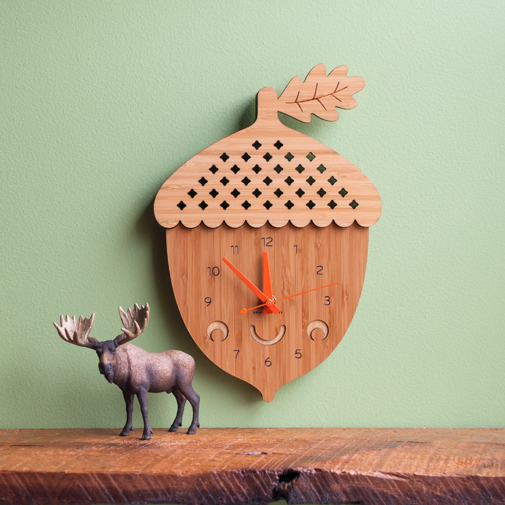 Wooden Acorn Nursery Wall Clock, Bamboo, Pumpkin Hands.