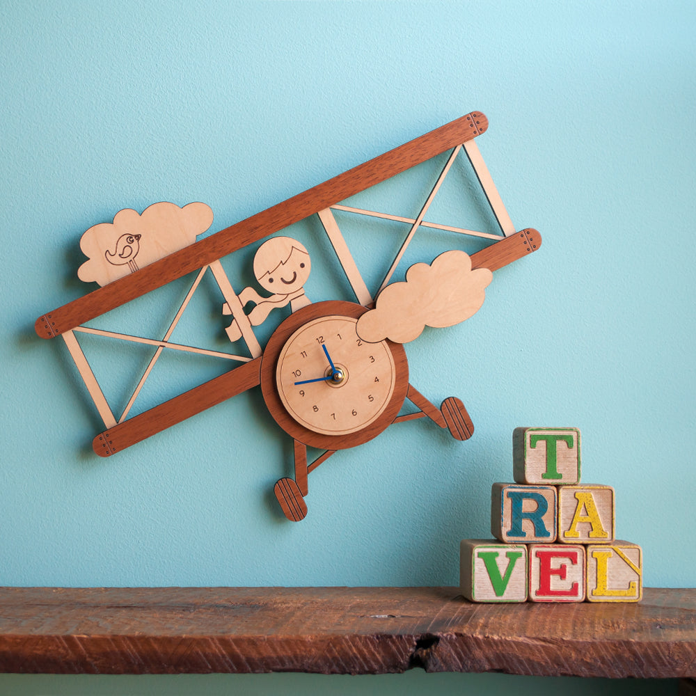 Wooden Airplane Boy Nursery Wall Clock, Blue Hands.