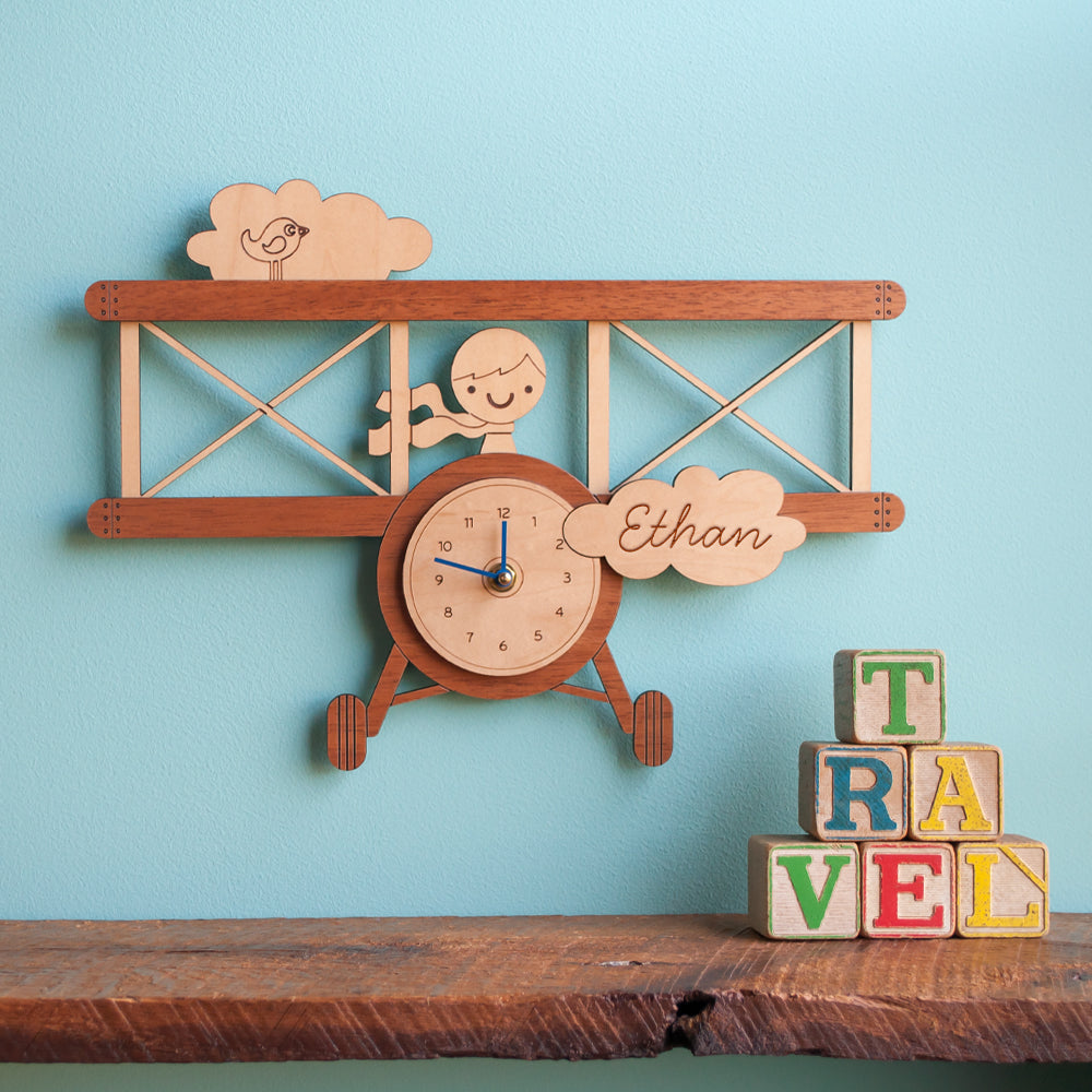 Wooden Airplane Boy Nursery Wall Clock, Personalized, Blue Hands.