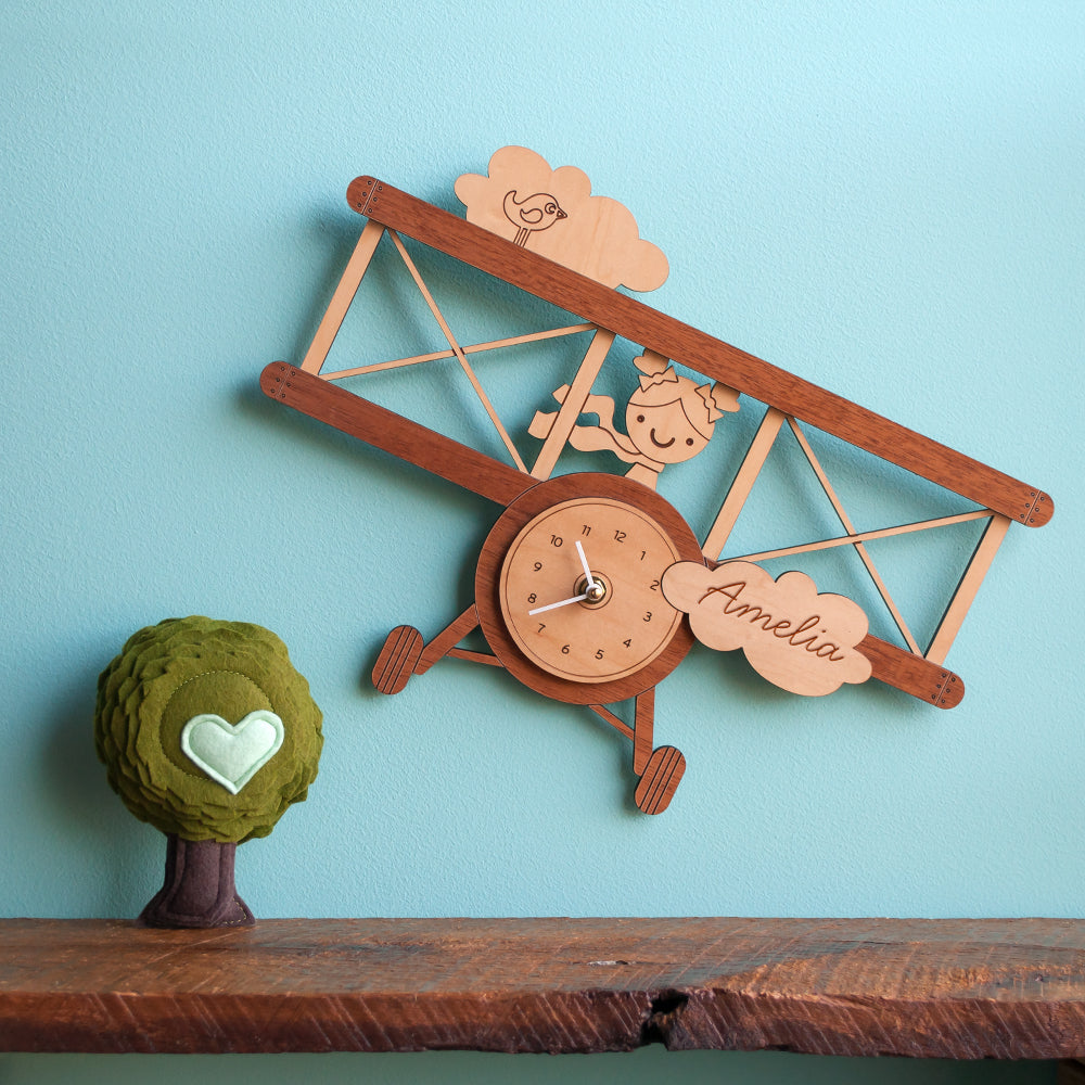 Wooden Airplane Girl Nursery Wall Clock, Personalized, White Hands.
