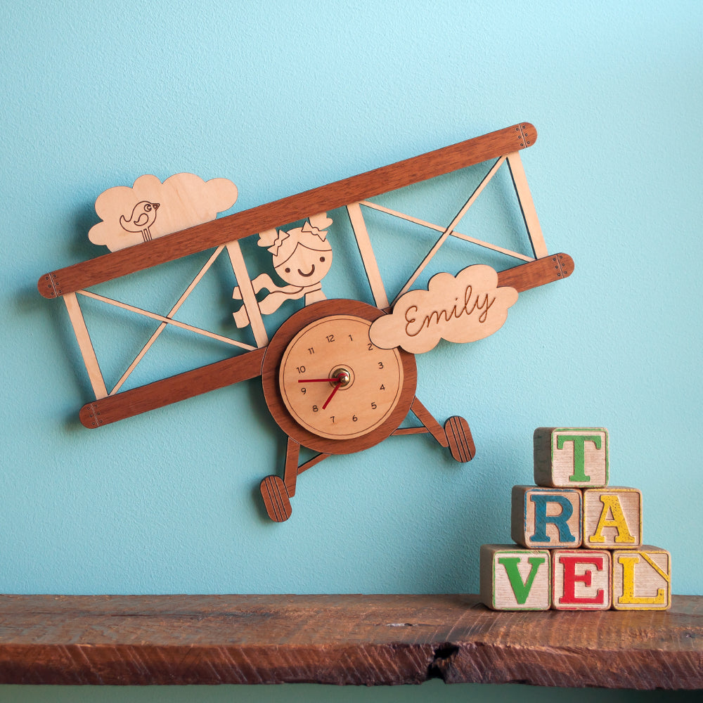 Wooden Airplane Girl Nursery Wall Clock, Personalized, Red Hands.