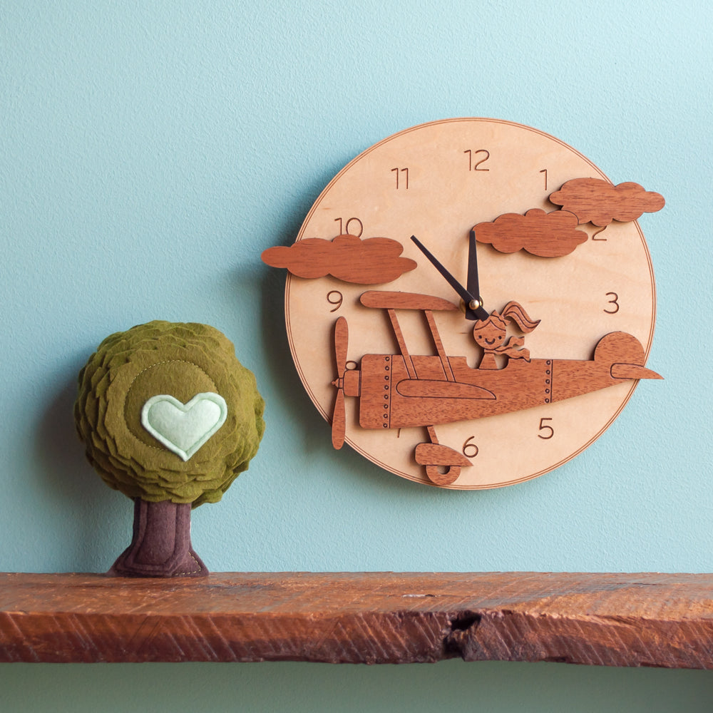 Wooden Airplane Girl Nursery Wall Clock, Black Hands.