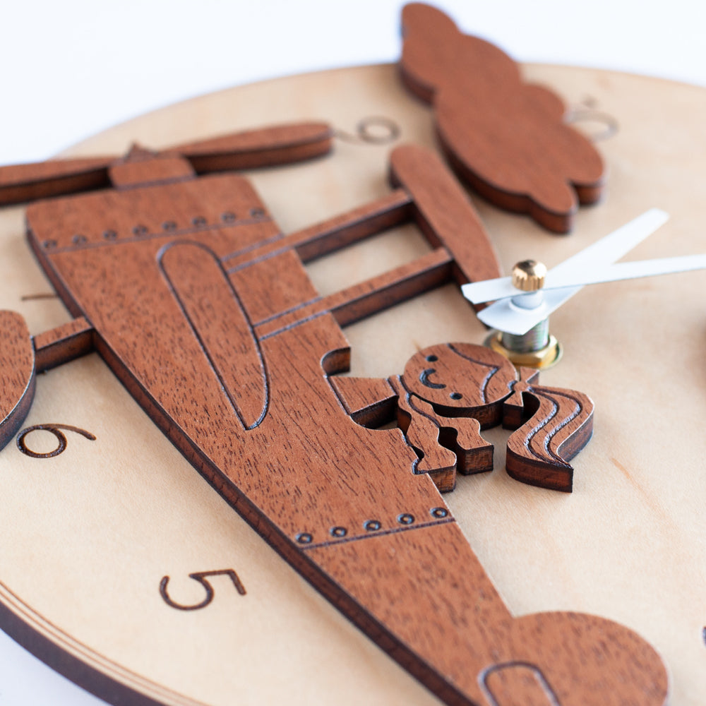 Wooden Airplane Girl Nursery Wall Clock, White Hands.