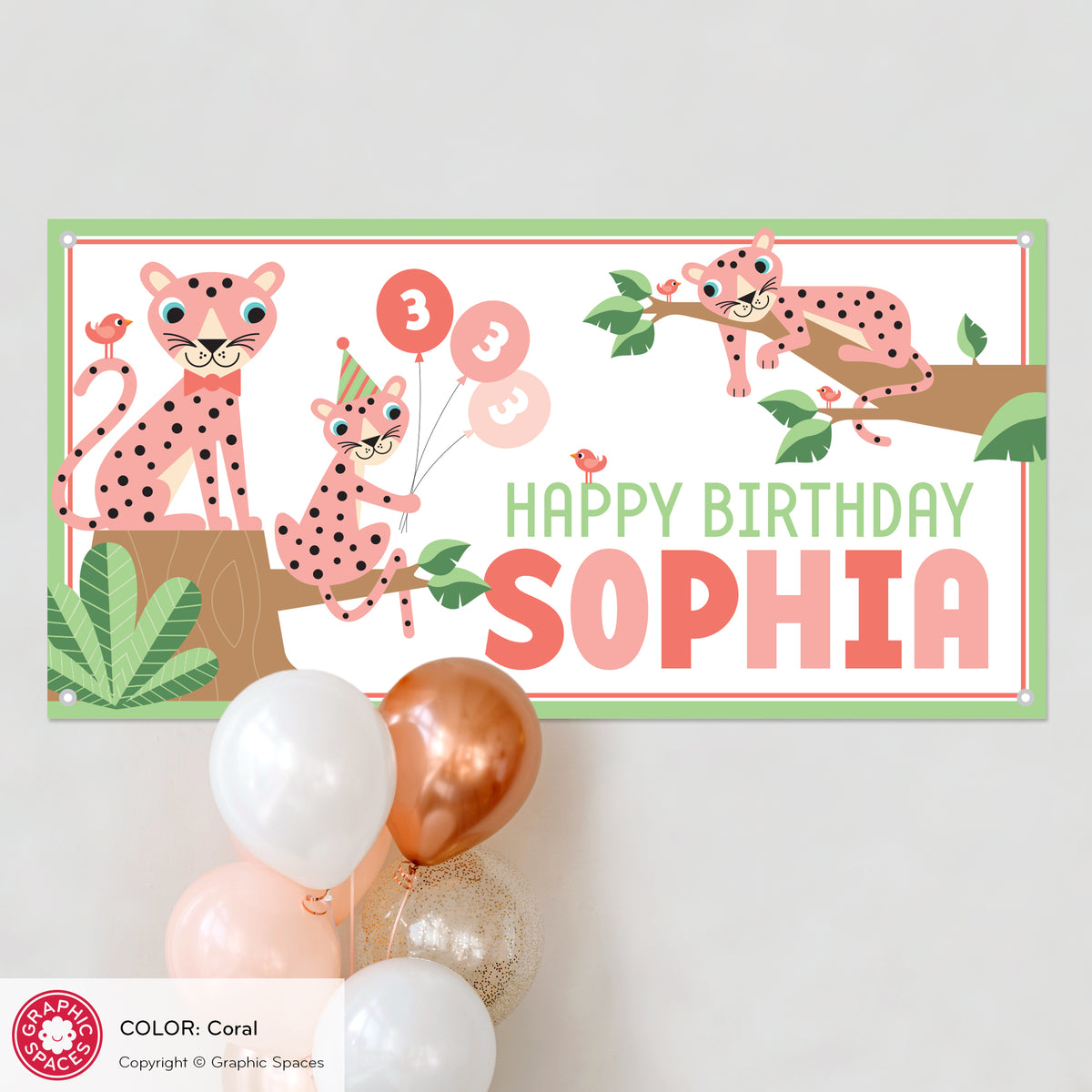 Cheetah Birthday Party Banner, Personalized - CORAL