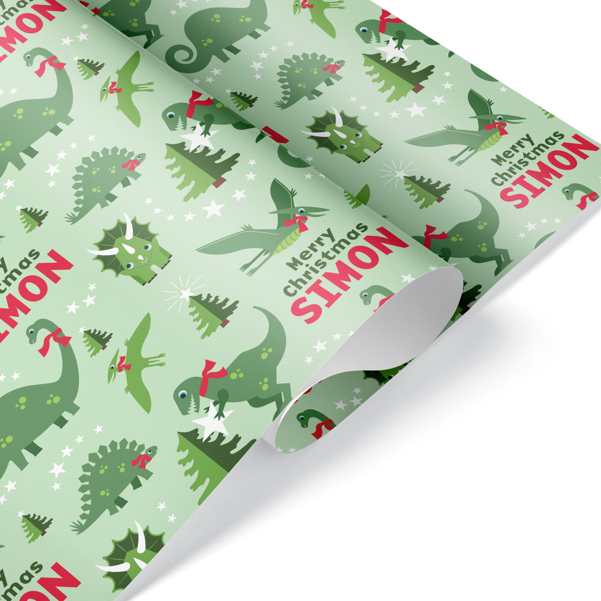 Dinosaur Christmas Personalized Name Wrapping Paper - GREEN