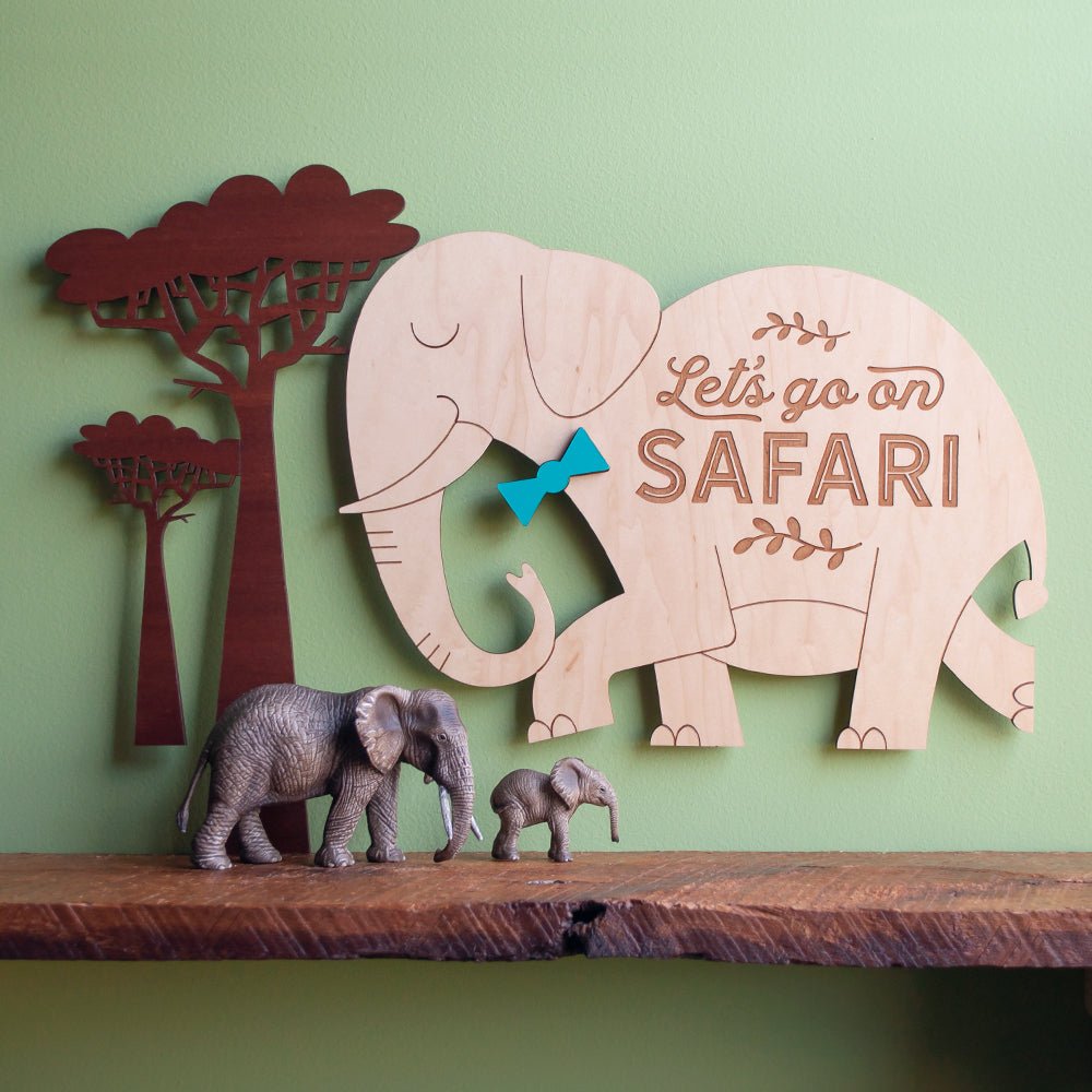 Wall Art - Let's go on Safari Elephant (Wood) Light Maple - Choice of Bowtie Color - Tree sold separately - Graphic Spaces