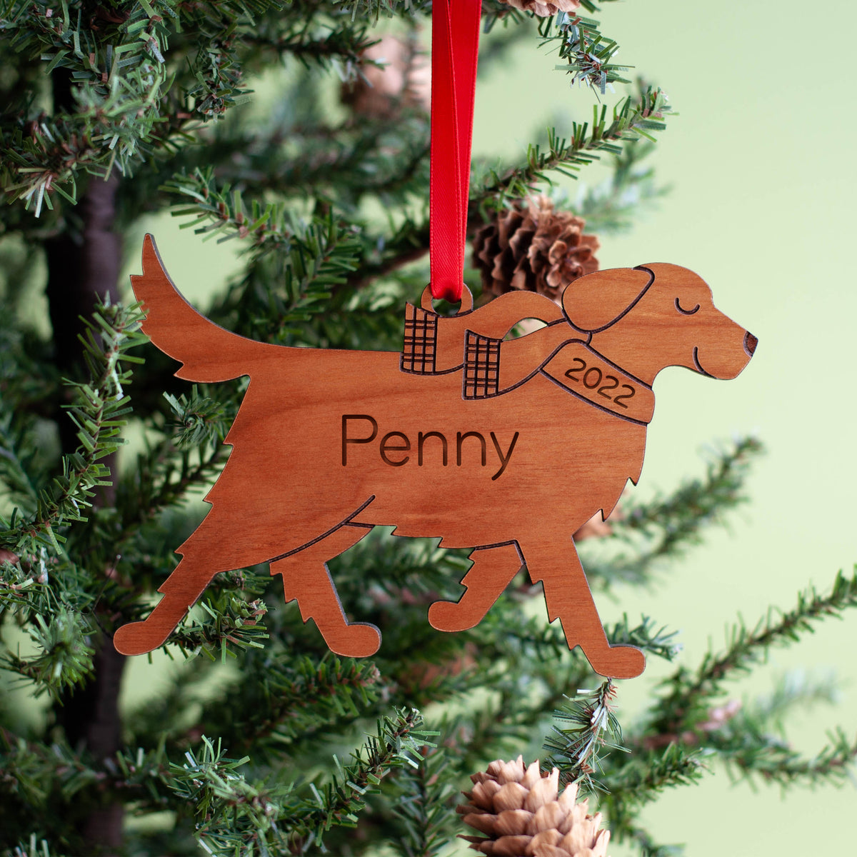 Dog Christmas Ornament - Golden Retriever (Personalized, Wood) - Dark Cherry - Graphic Spaces