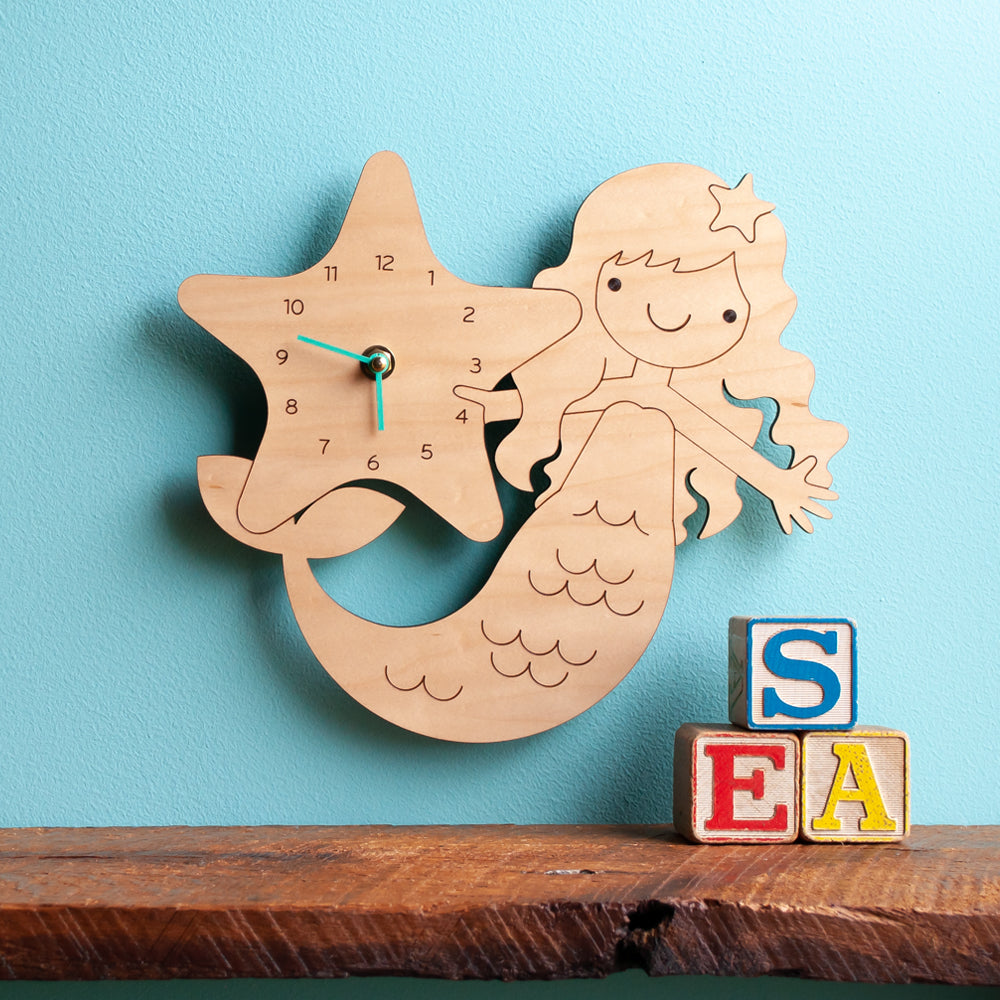 Wooden Mermaid Nursery Wall Clock, Maple, Green Hands.