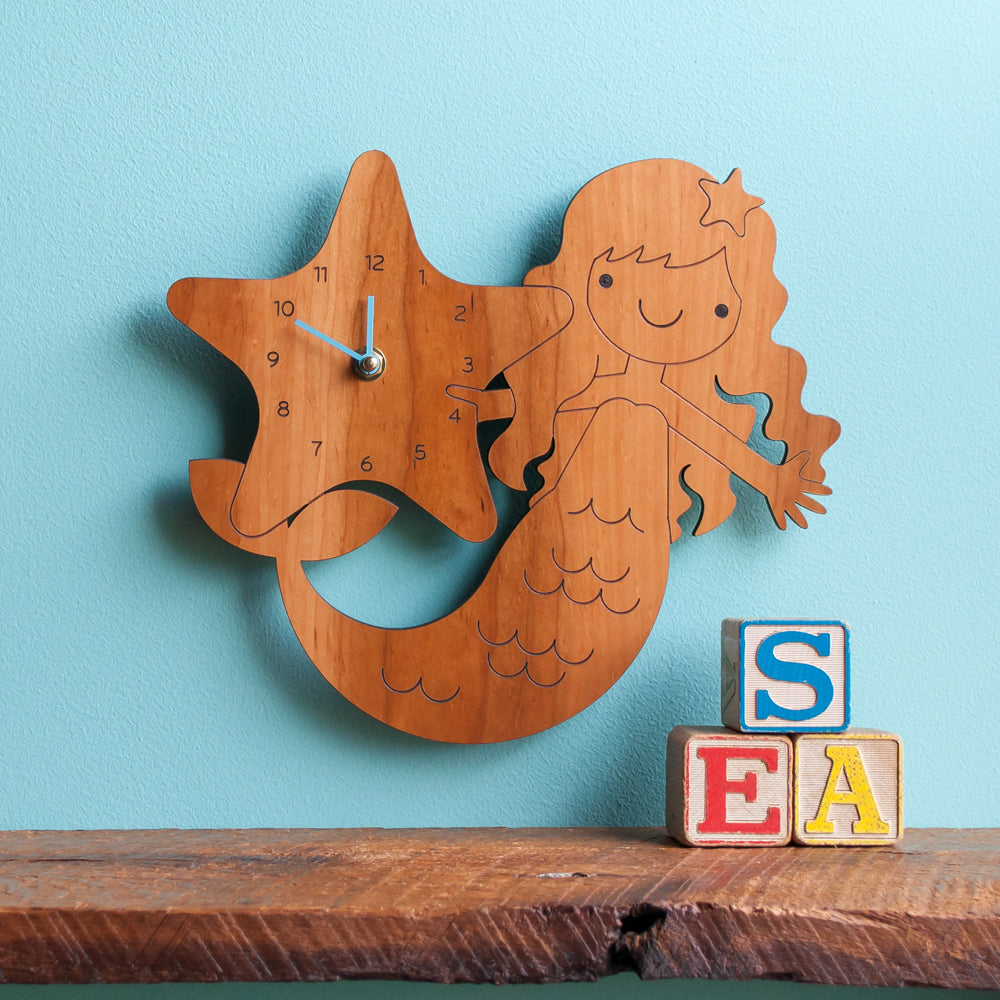 Wooden Mermaid Nursery Wall Clock, Cherry, Blue Hands.