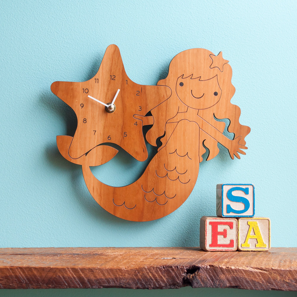 Wooden Mermaid Nursery Wall Clock, Cherry, White Hands.