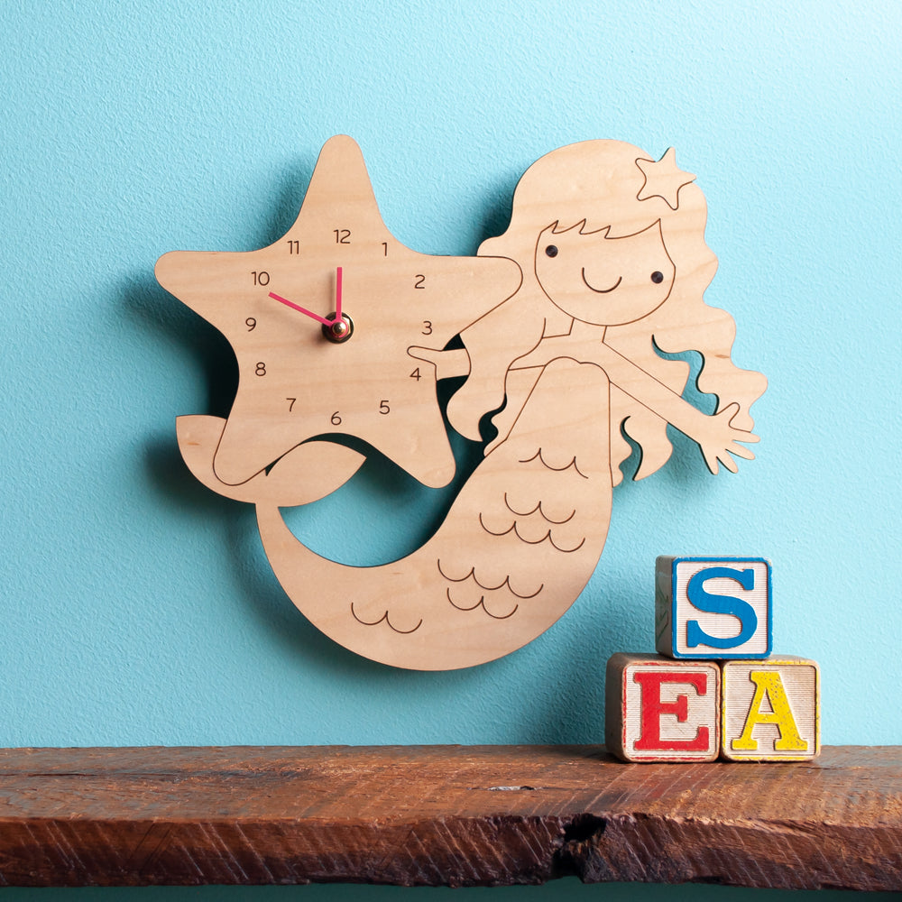 Wooden Mermaid Nursery Wall Clock, Maple, Pink Hands.
