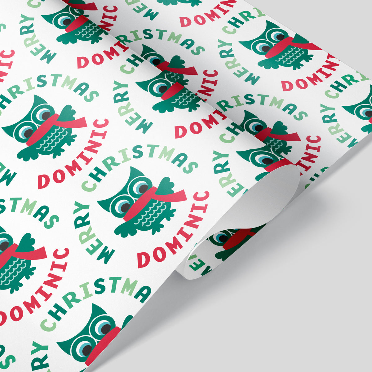 Owl Christmas Personalized Name Wrapping Paper - GREEN