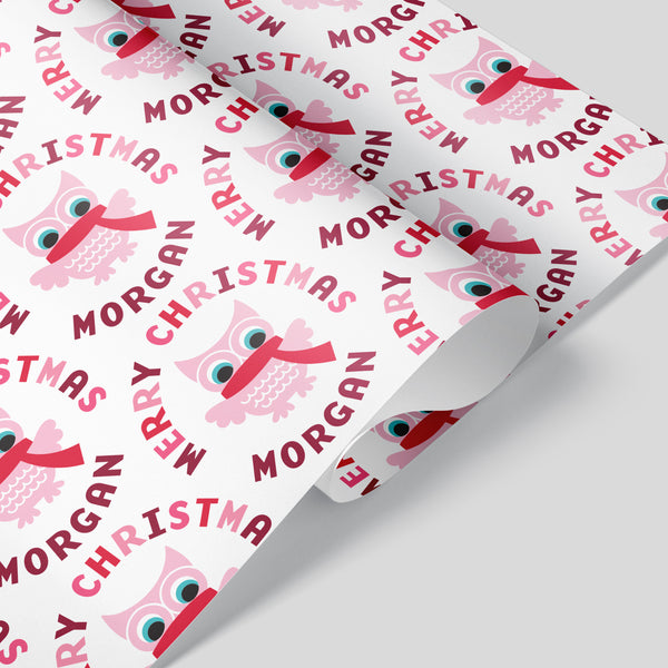 Christmas Owl Name Wrapping Paper Woodland Animal Teen, Baby, Kids