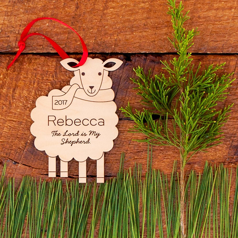 Kids Christmas Ornament - Christian Sheep (Personalized, Wood) Psalm 23 - Light Maple - Graphic Spaces
