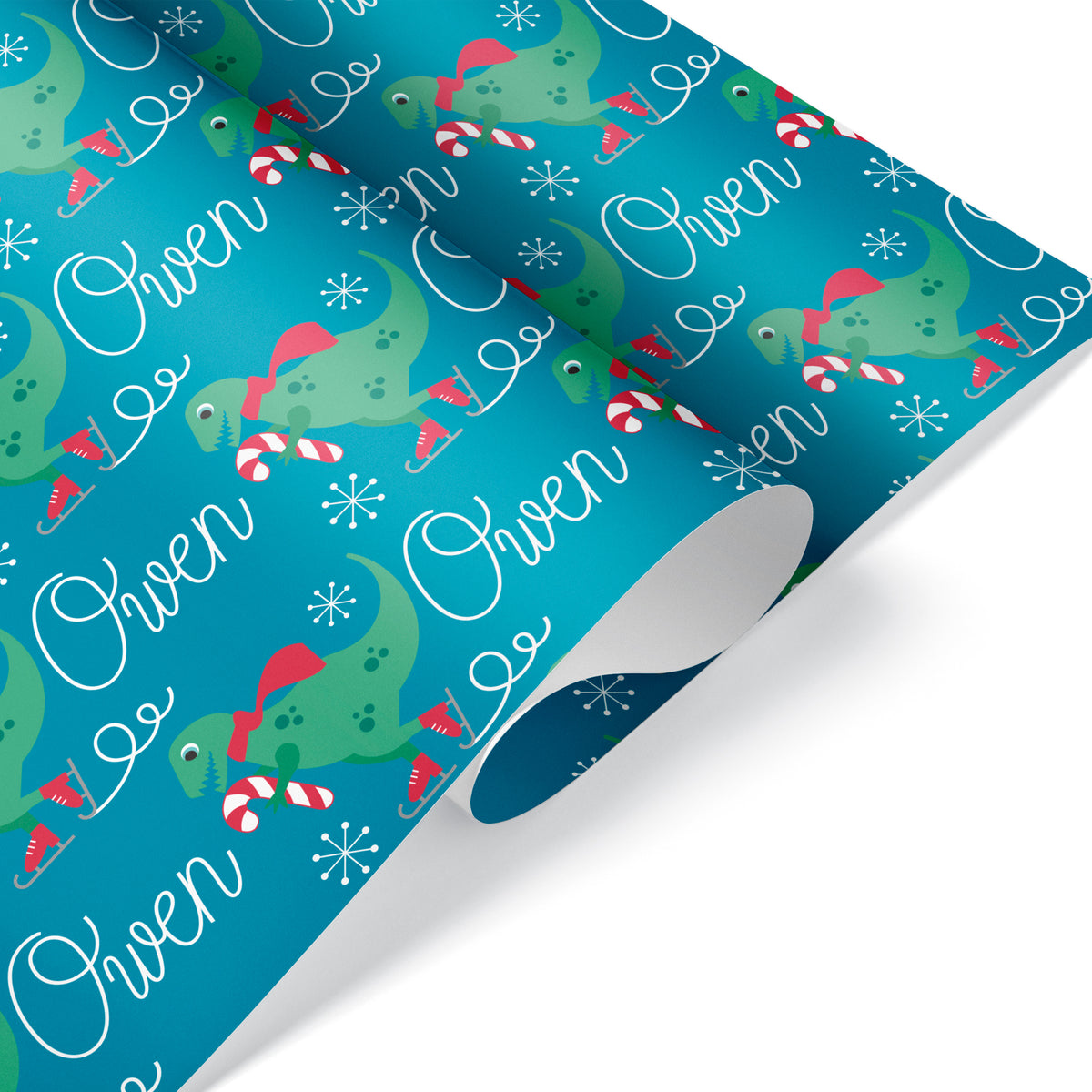 T-Rex Ice Skating Christmas Personalized Wrapping Paper - BLUE