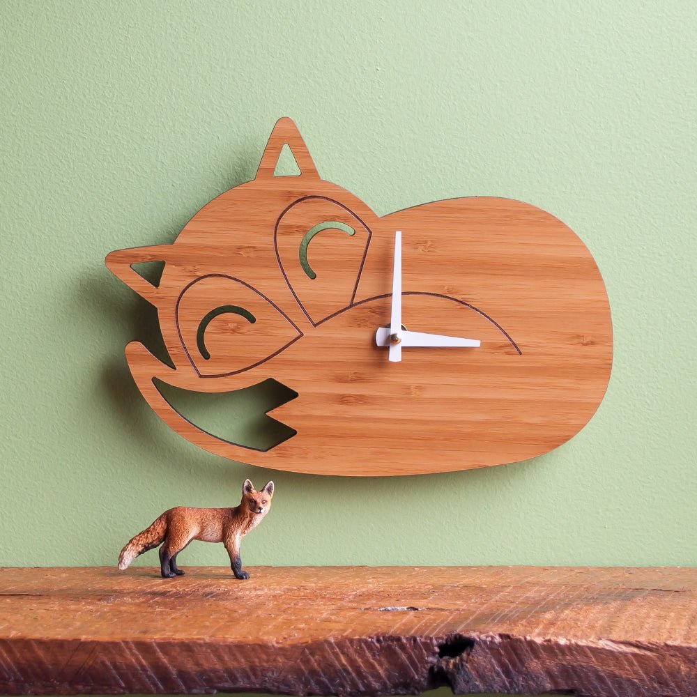 Kids Wall Clock - Sleeping Fox (Wood) Bamboo - White Hands - Wall view - Family Made in TN, USA - Graphic Spaces