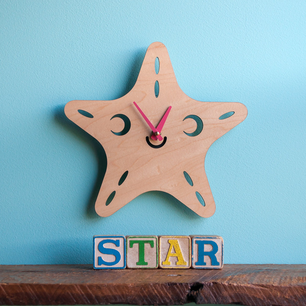 Wooden Starfish Nursery Wall Clock, Pink Hands.