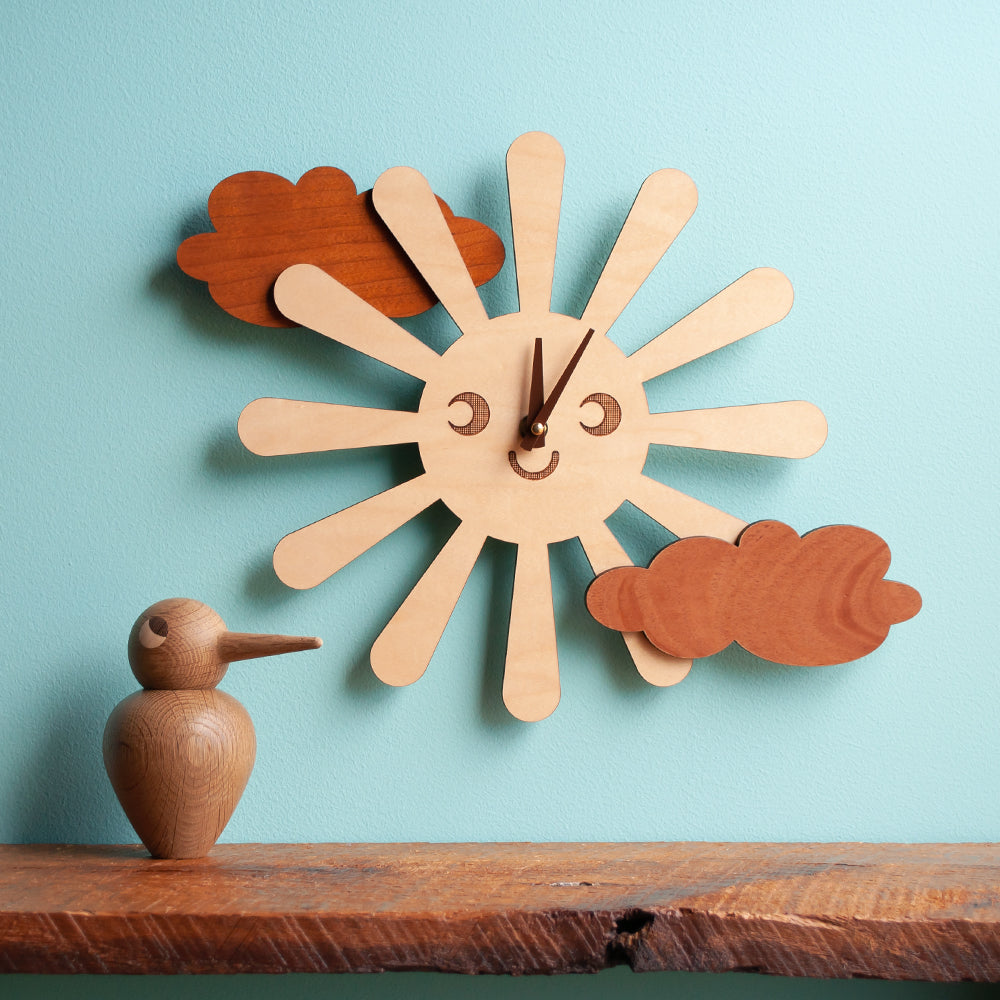 Wooden Sun Nursery Wall Clock, Chocolate Hands.