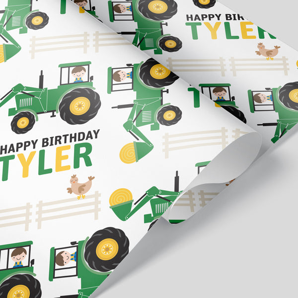 Tractor Birthday Name Wrapping Paper, Personalized Farm Gift Wrap Kids Graphic Spaces