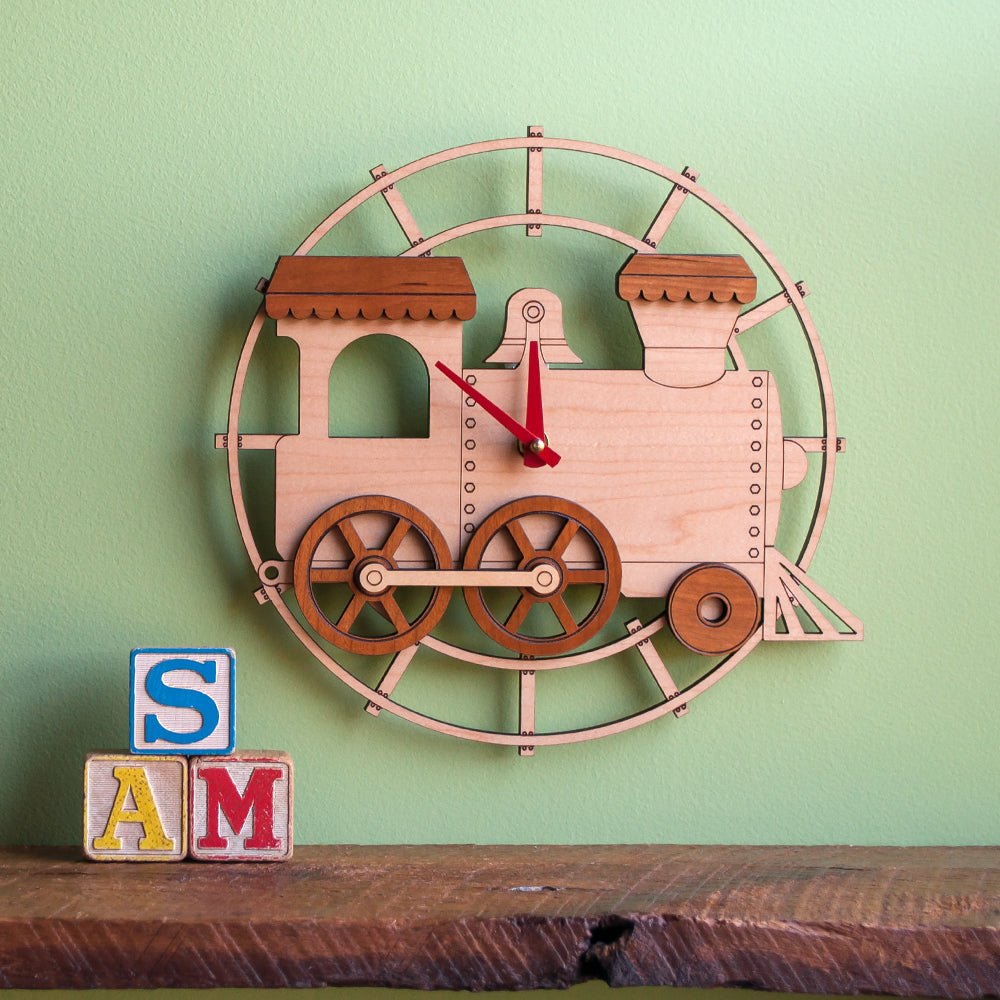 Wooden Train Nursery Wall Clock, Red Hands.