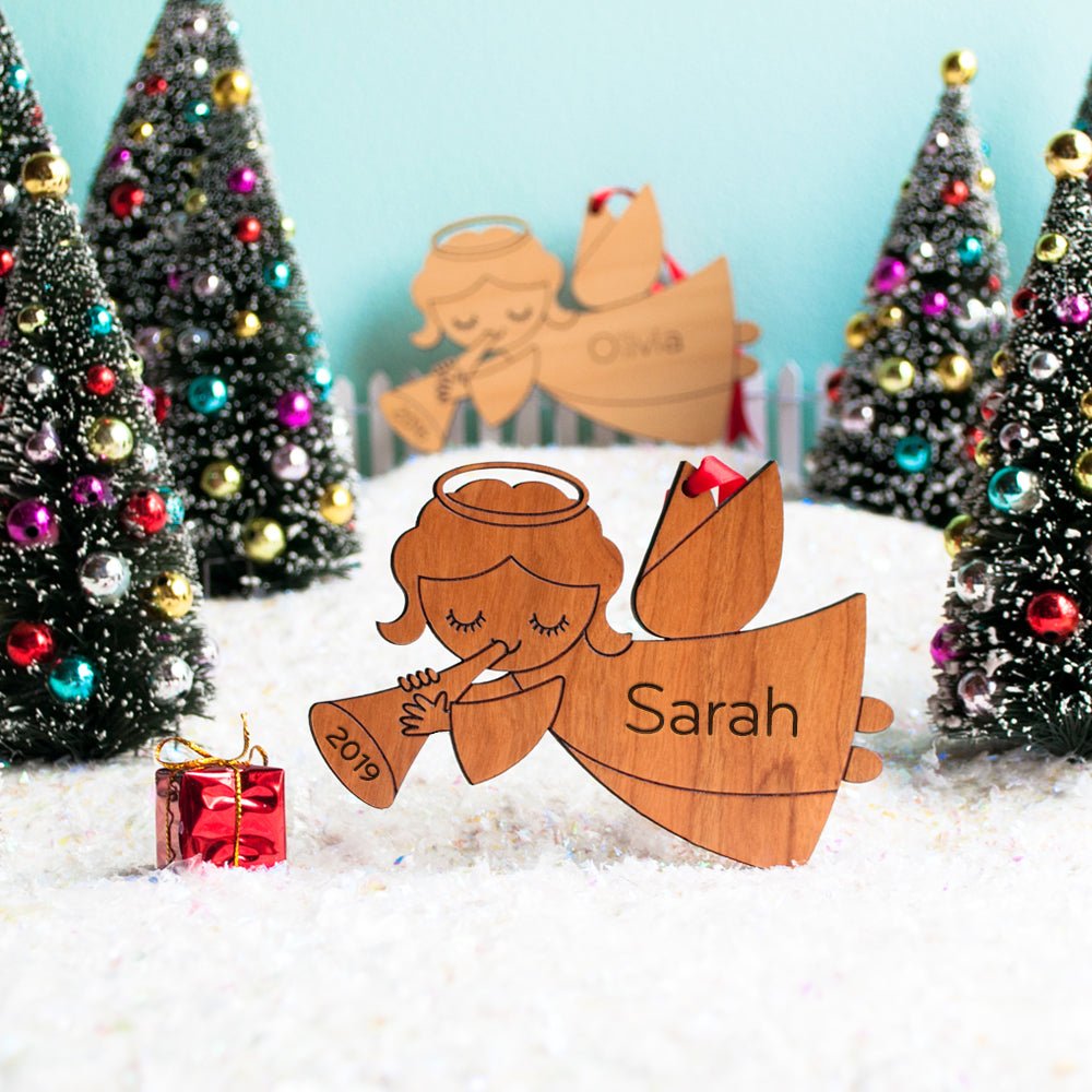 Kids Christmas Ornament - Angel (Personalized, Wood) Dark Cherry and Light Maple - Graphic Spaces