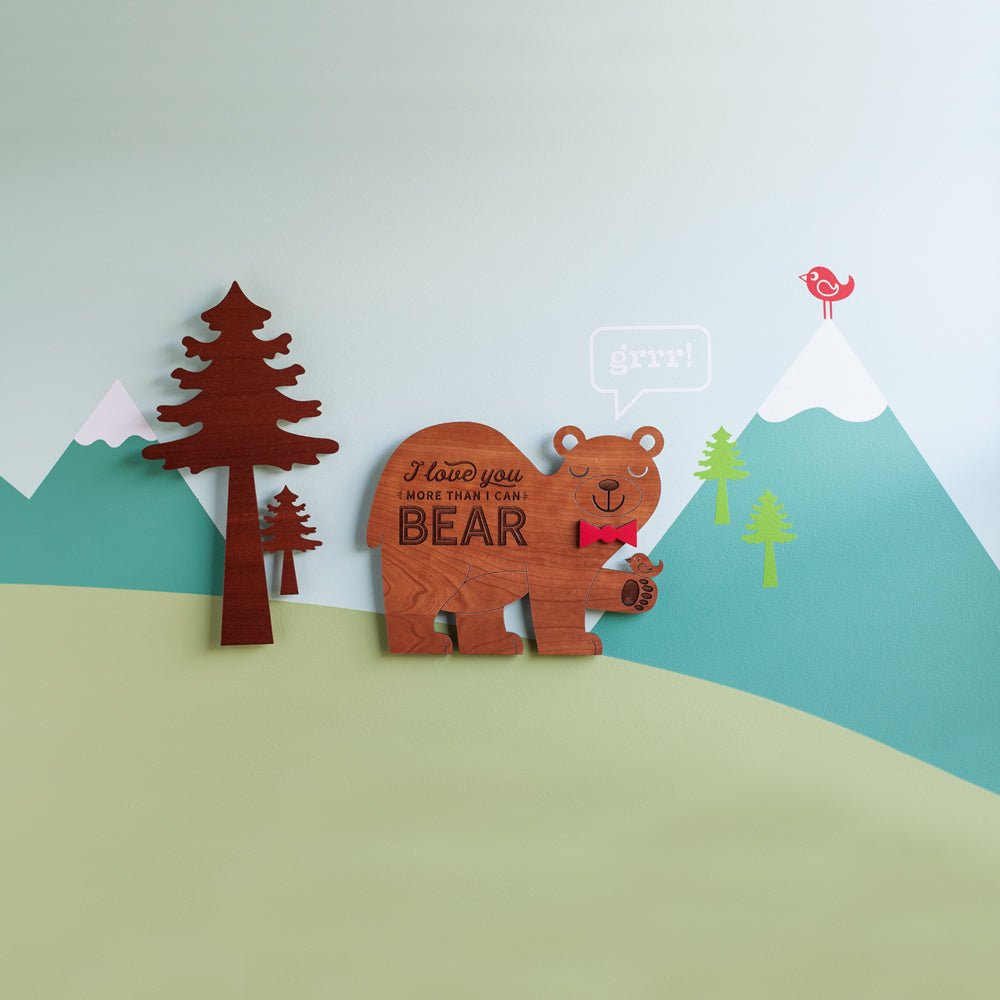 Wall Art - I Love You More Bear (Wood) Cherry with color choice bowtie - Graphic Spaces