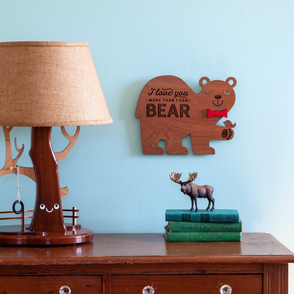 Wall Art - I Love You More Bear (Wood) Cherry with color choice bowtie - Graphic Spaces